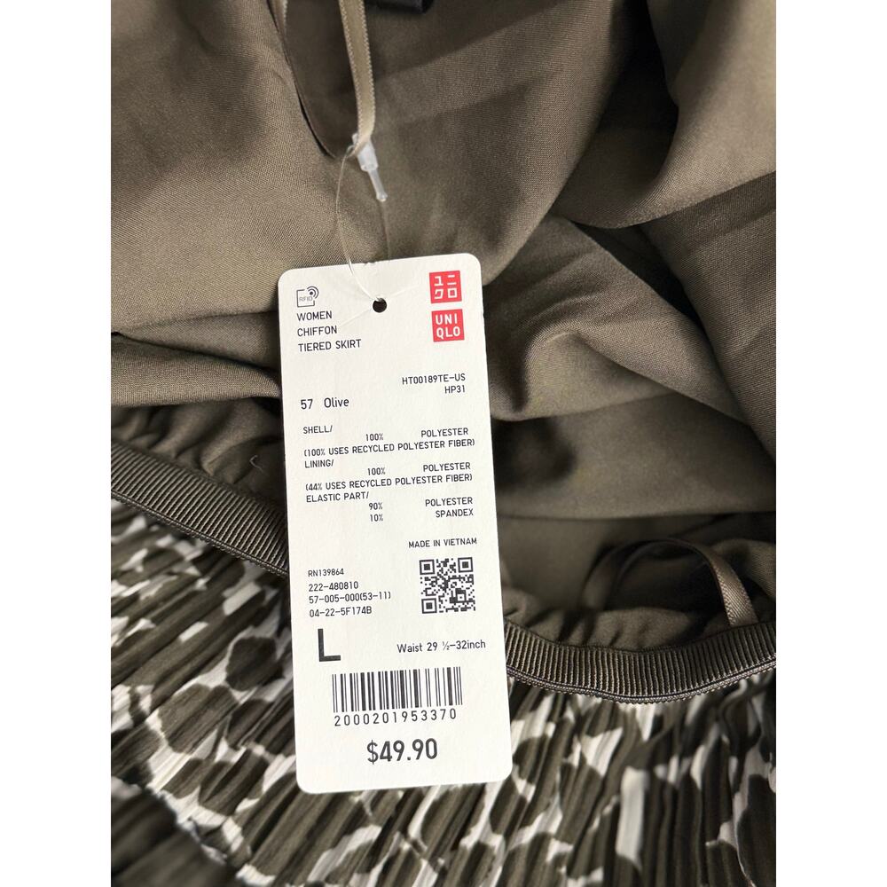 Uniqlo Chiffon Tiered Skirt Printed Olive Pleated Maxi Midi Elastic Waist L - Picture 6 of 10